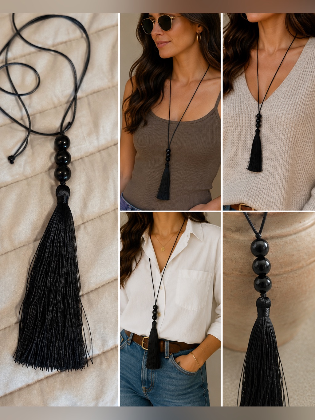 Black Long Tassel Necklace With Beaded Detail Boho Statement Nwt — image 2 of 5